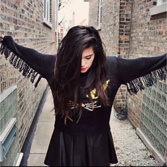 UNIF BLACK KNIT FRINGE DETAIL MEOW EVIL KITTY CAT SWEATER GOTH WITCHY WEDNESDAY - Picture 1 of 11